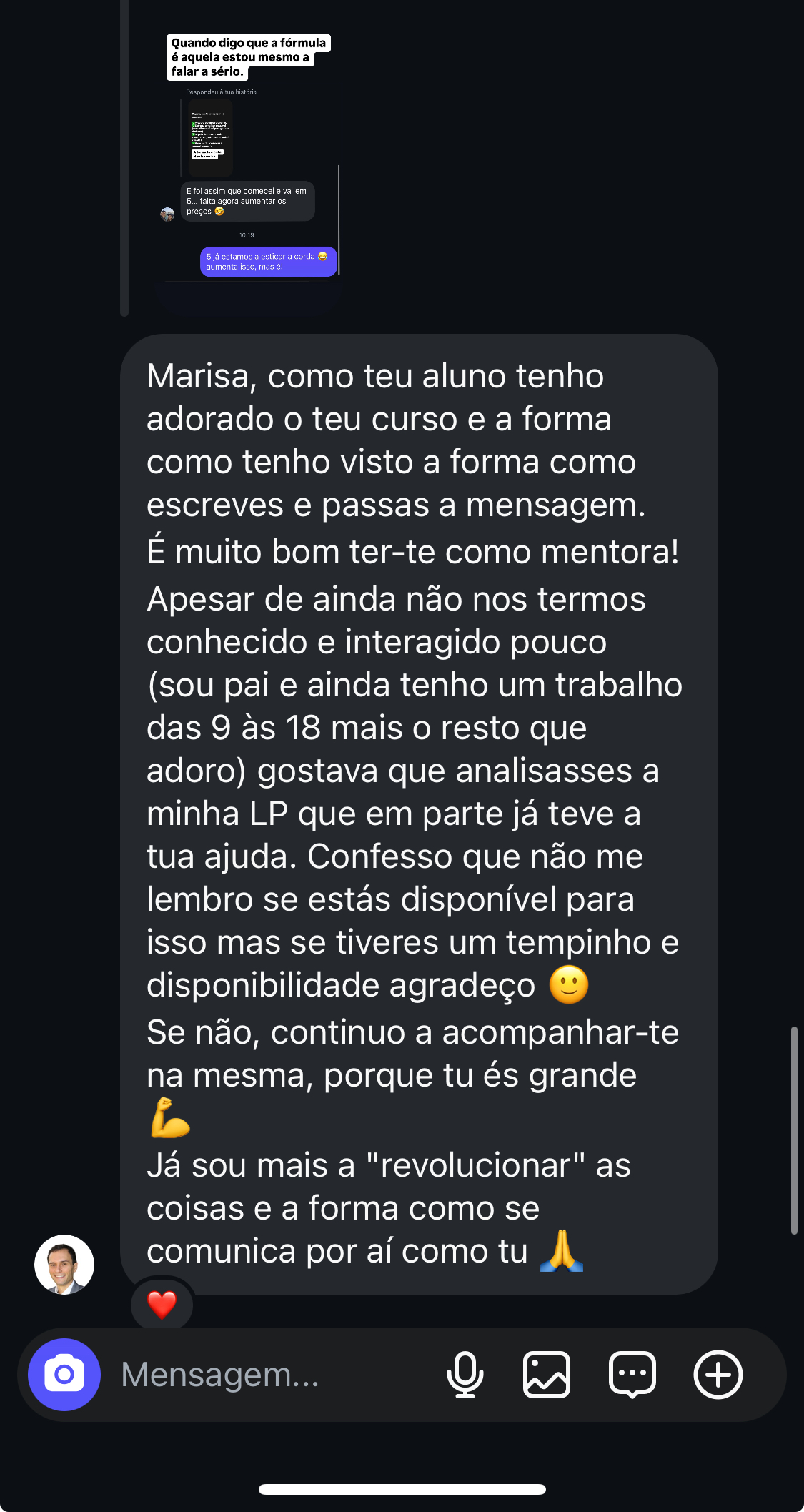 Testemunho aluno — Instagram DM